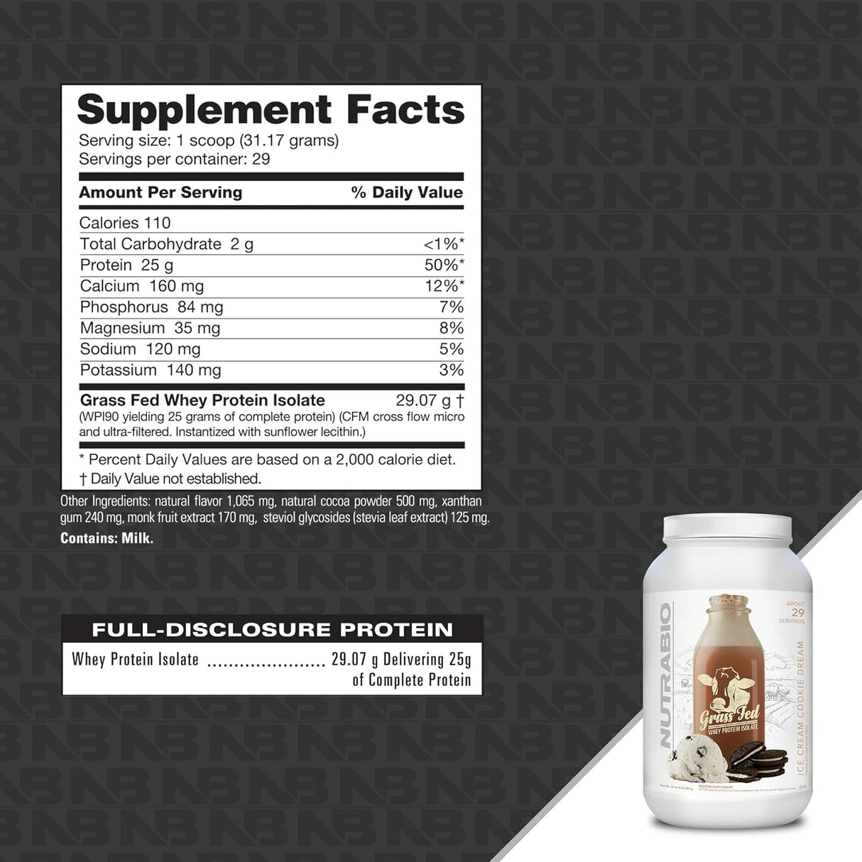 NutraBio Proteína de Suero Aislada de Vaca Alimentada - 25g/Porción