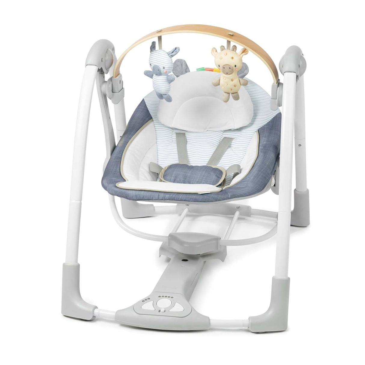 Ingenuity Swing n Go - Columpio portátil, barra de juguete de madera extraíble de origen sostenible, 5 velocidades, para edades de 0 a 9 meses, hasta 20 libras, color cambray