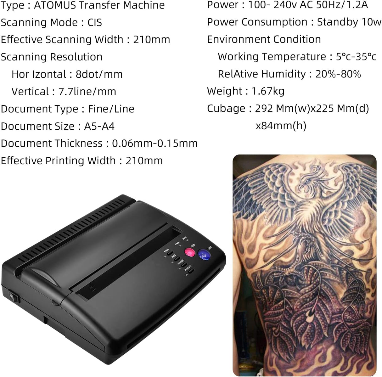 ATOMUS Máquina de transferencia de tatuajes Impresora Tatuaje Transferencia Stencil Máquina Copiadora 116F