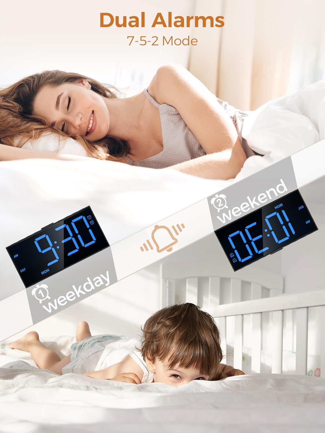 Reloj Despertador Digital para Dormir Profundo, 2 Alarmas, USB