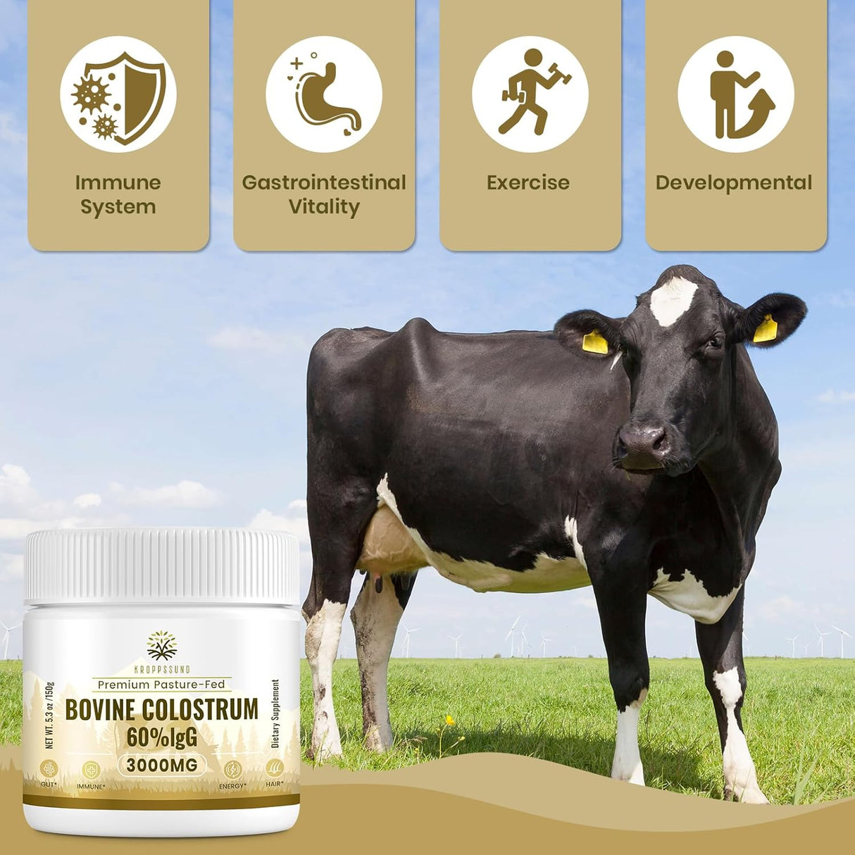 Suplemento de Calostro Bovino Kroppssund 3000 mg - 60% IgG