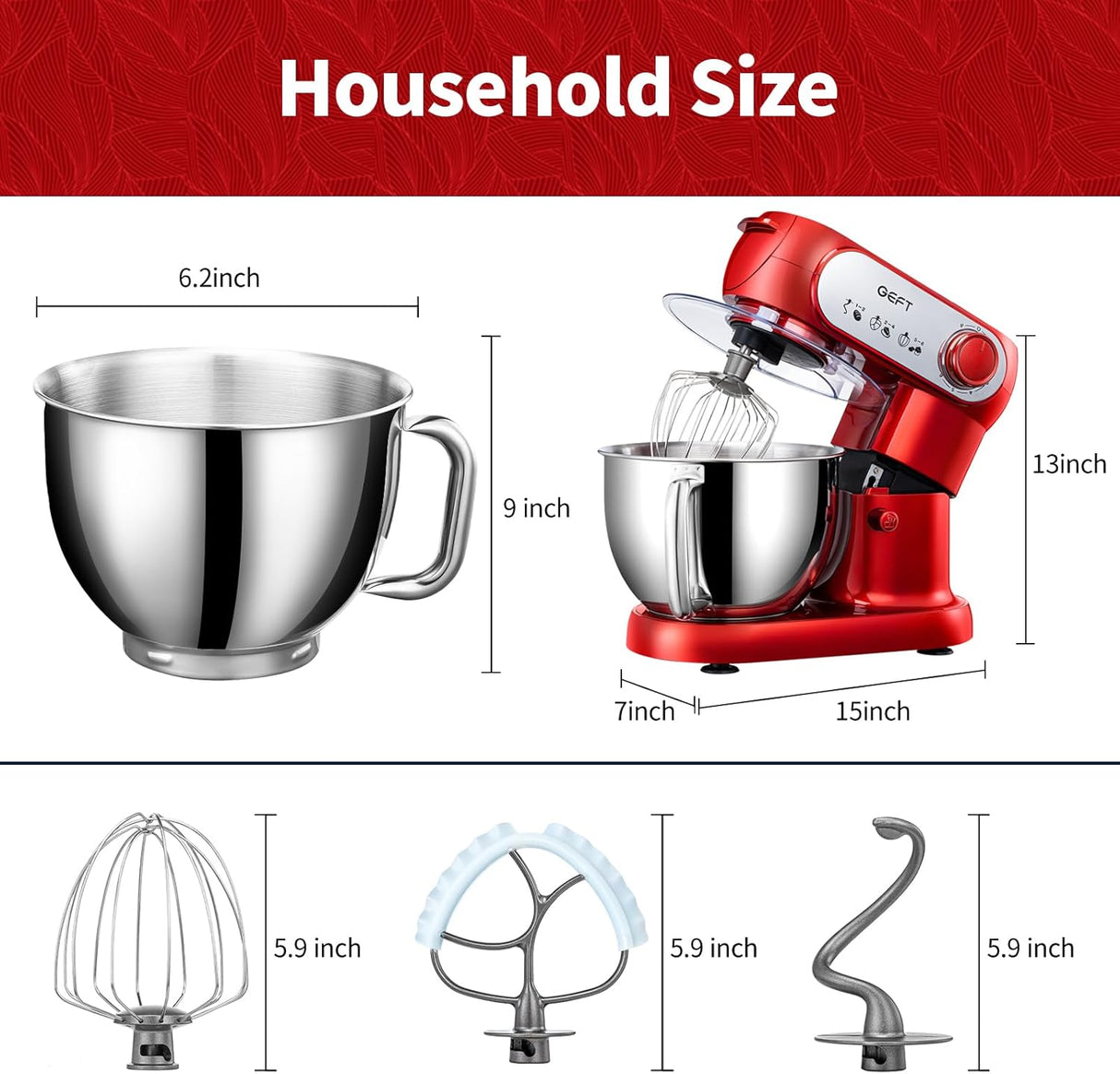 Batidora de pie 6 QT 600W, 6+P velocidades, acero inoxidable