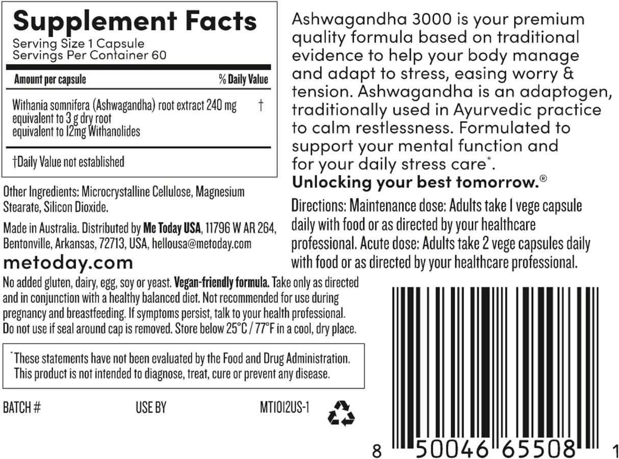 Ashwagandha 3000, Adaptógeno, Alivio Estrés, 60 Cápsulas