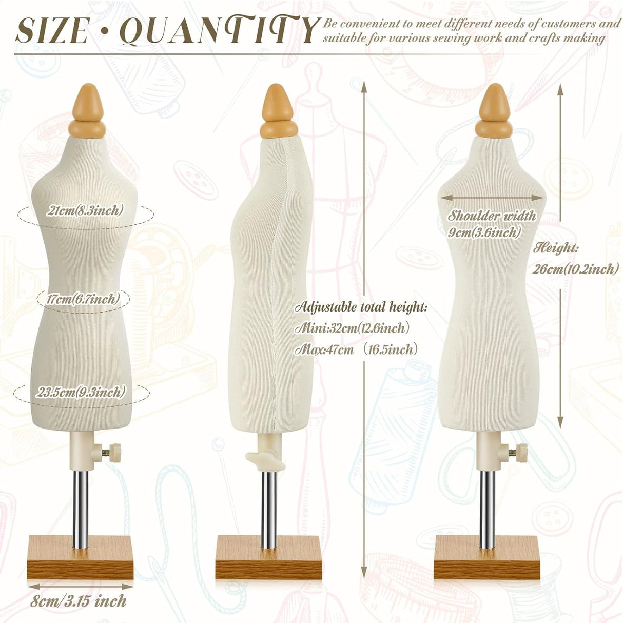 10 Pzs Maniquí Miniatura para Costura 1/4 Tamaño