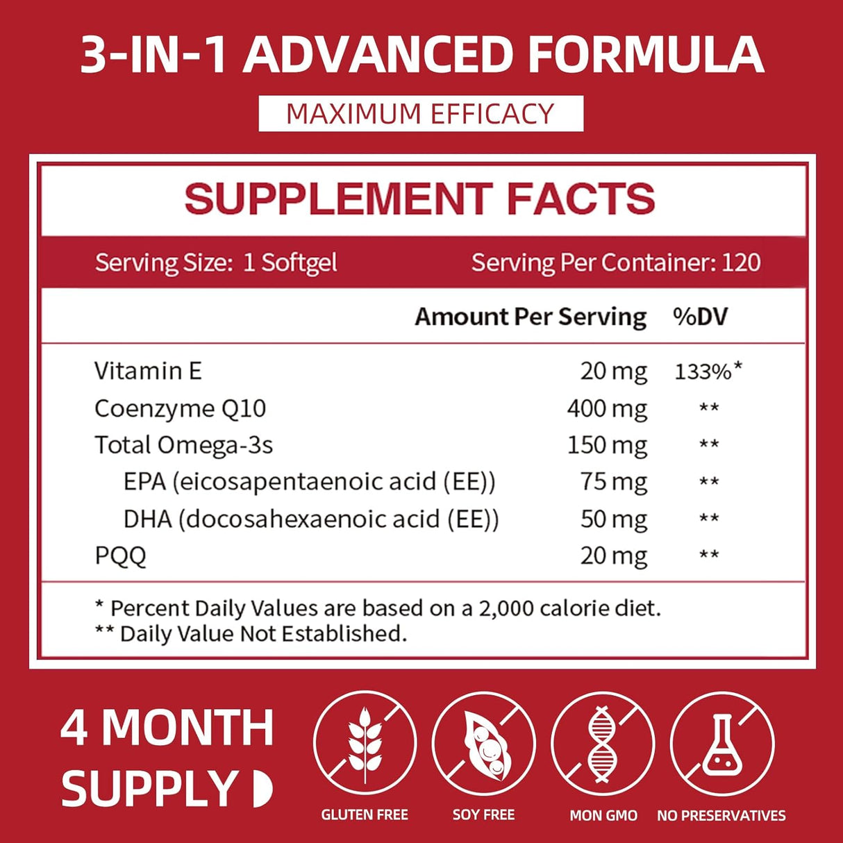 CoQ10 400mg con PQQ y Omega 3, 120 cápsulas