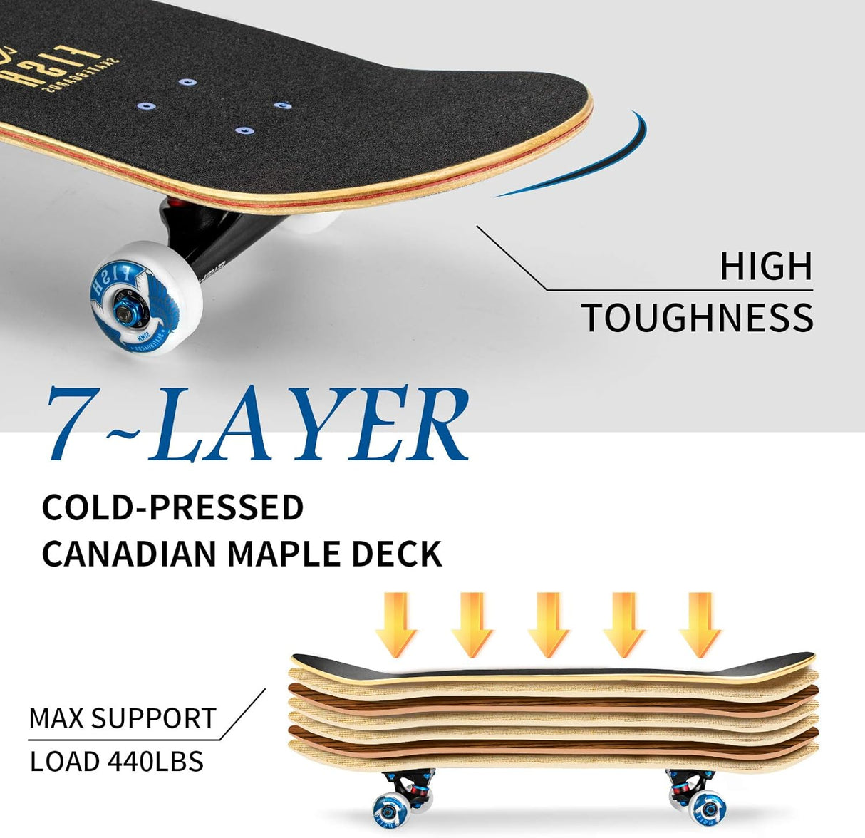 Skateboard Completo 31"x8", 7 Capas, Doble Kick, Cruiser