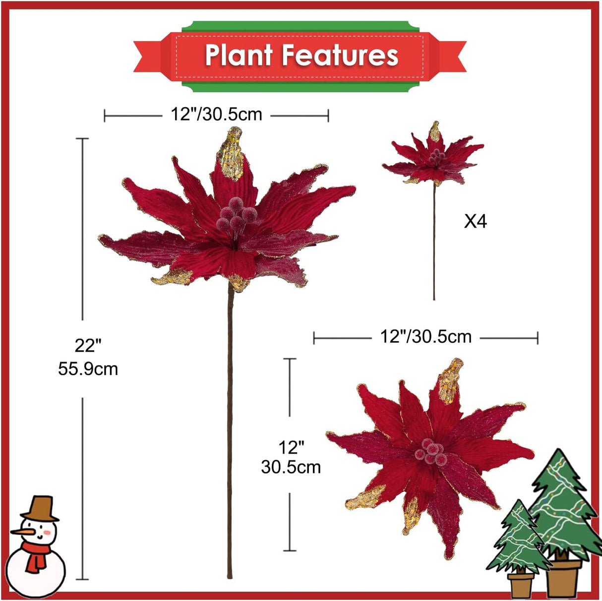 Flores Artificiales Briful 12'' Poinsettia para Decoración Navideña