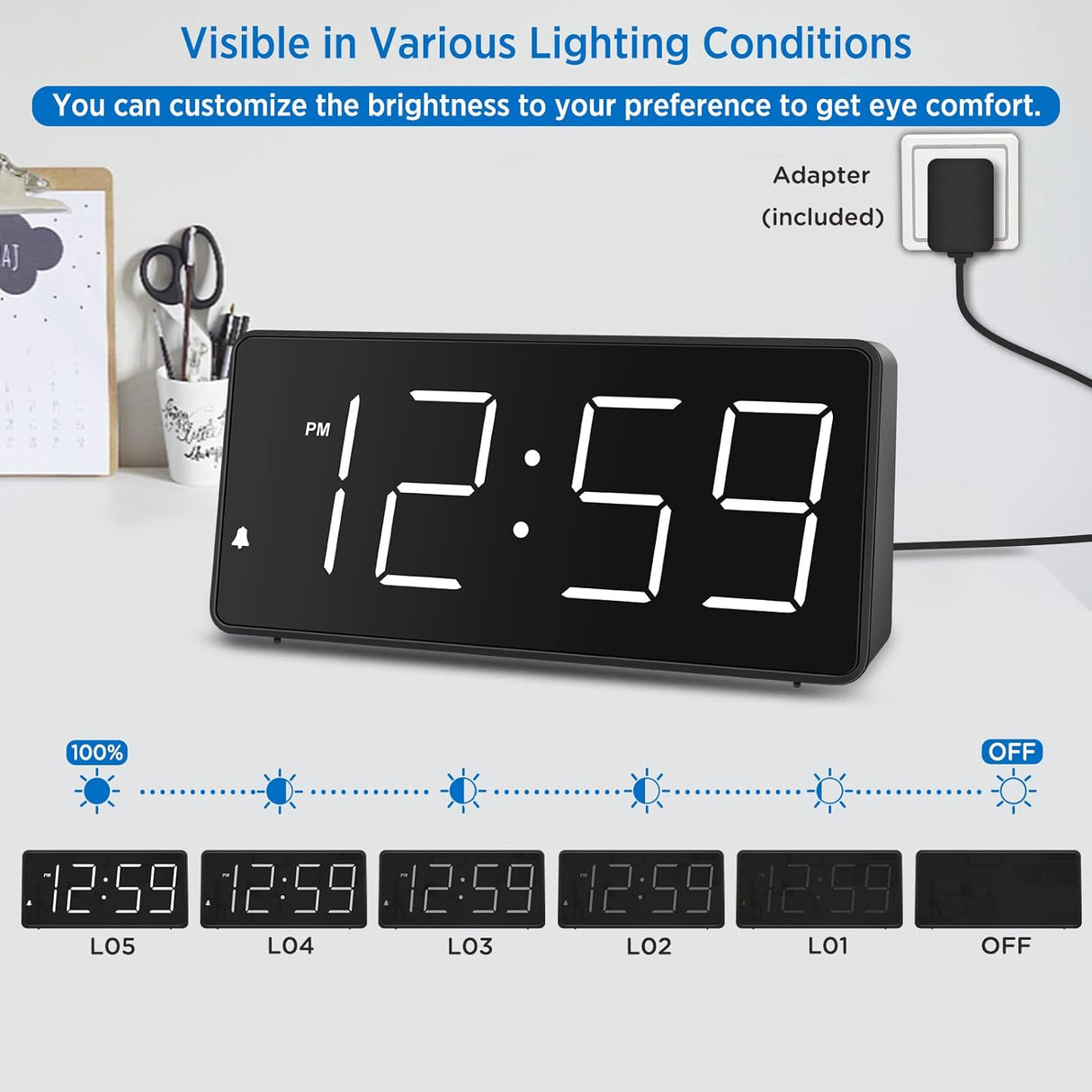 Reloj despertador digital con grandes números y USB, modelo para dormir profundamente