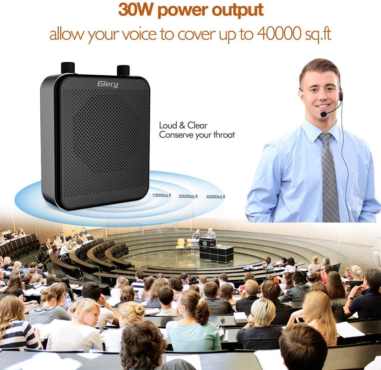 Amplificador de Voz Portátil 30W, Bluetooth, 2800mAh, Micrófono