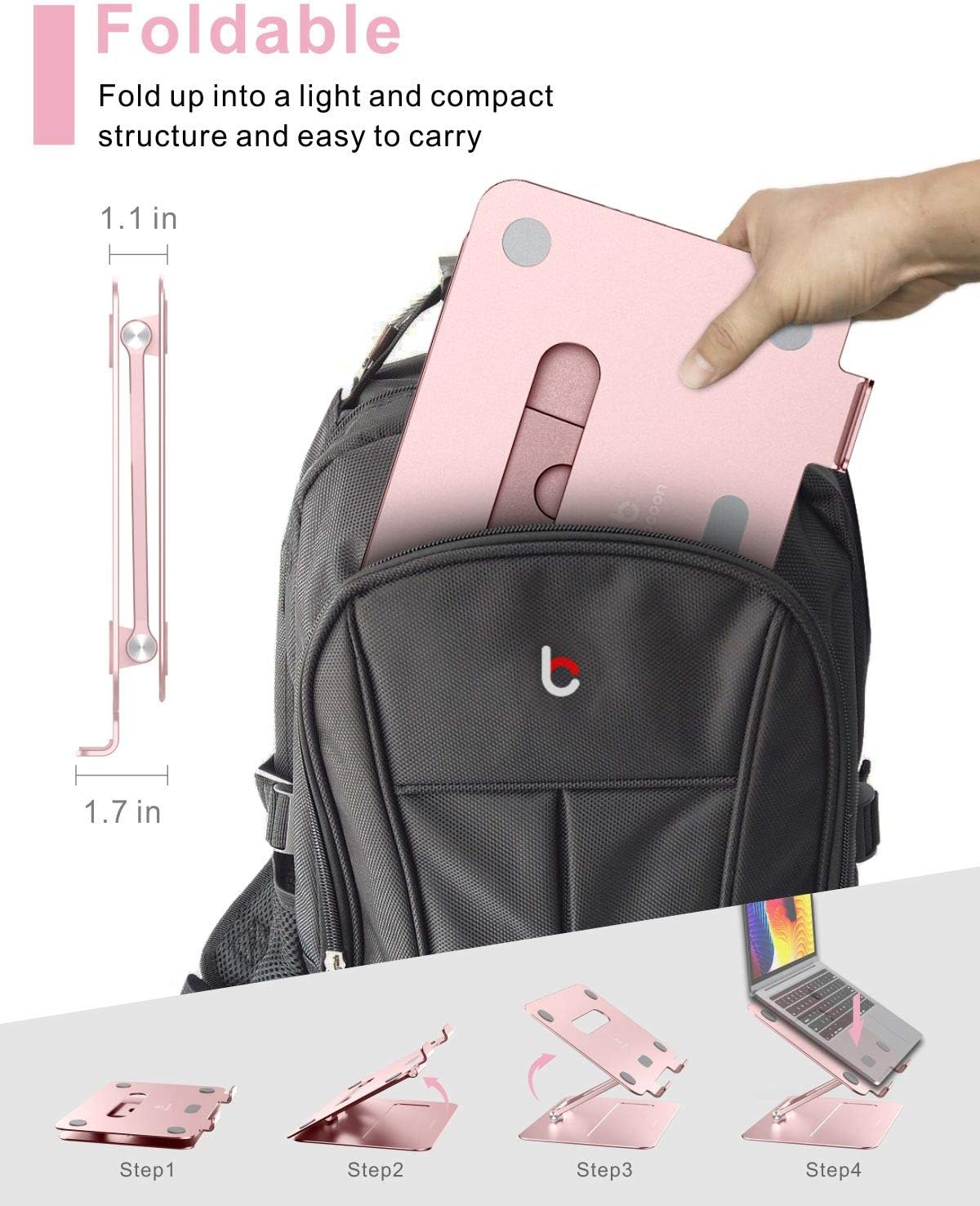 Brocoon - Soporte ajustable para laptop MacBook para escritorio, soporte ergonómico de aluminio para computadora con ventilación térmica, elevador para portátil compatible con portátiles de 10 a 17 pulgadas, oro rosa (rosa)