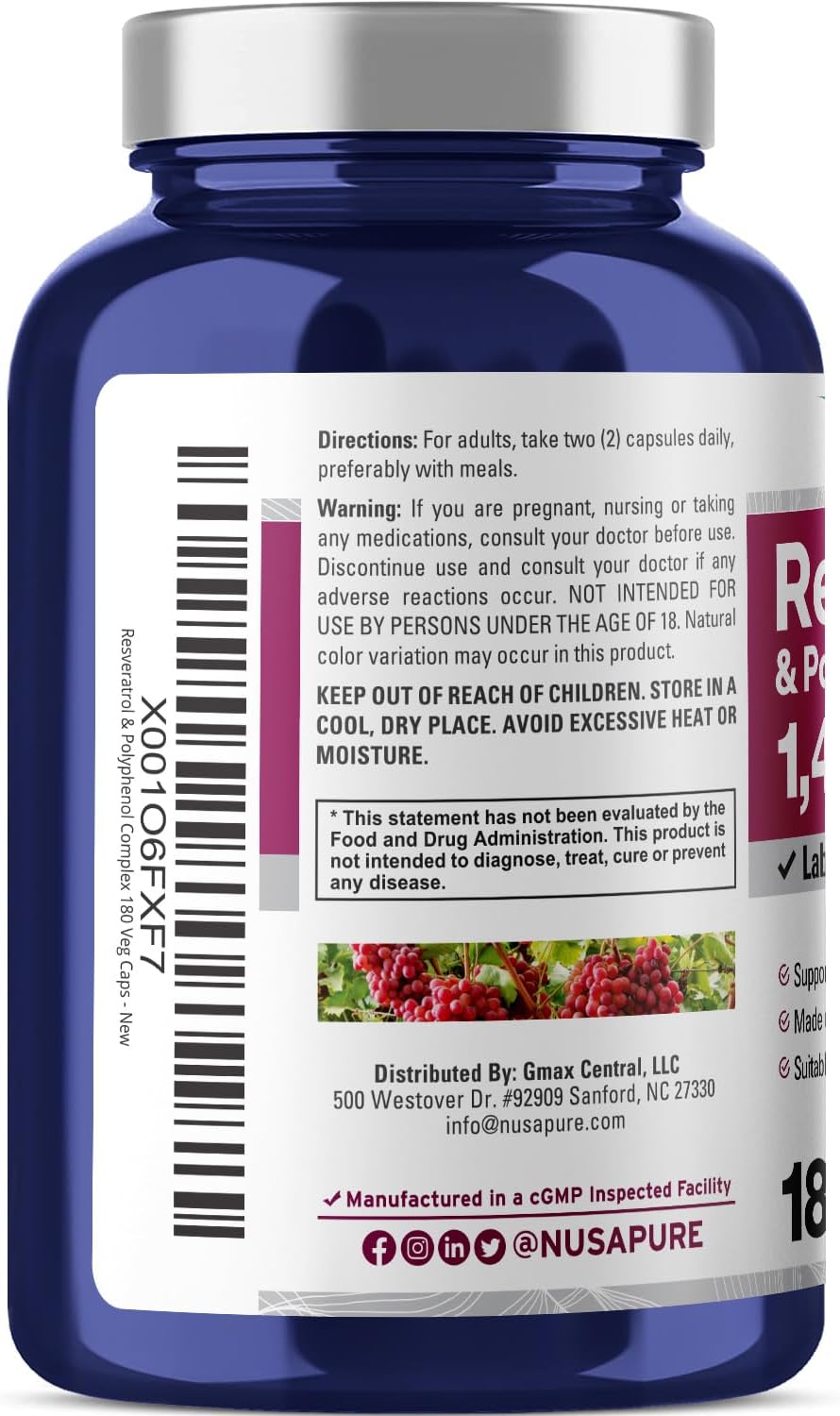 Complejo de Resveratrol y Polifenoles 1450 mg, Vitamina C 180 Cápsulas