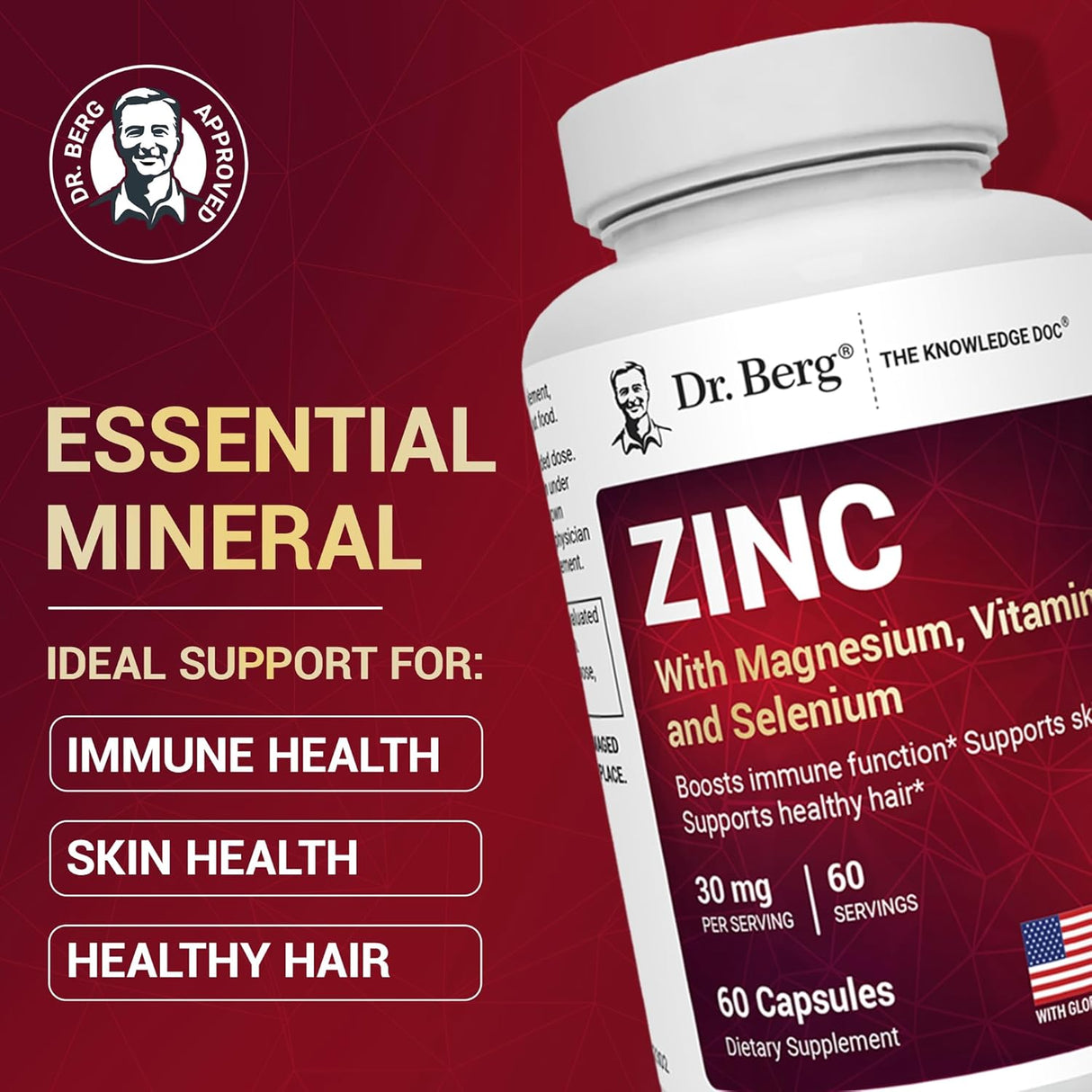 Dr. Berg Zinc 30mg con Magnesio, D3, Selenio y Cobre, 60 cápsulas