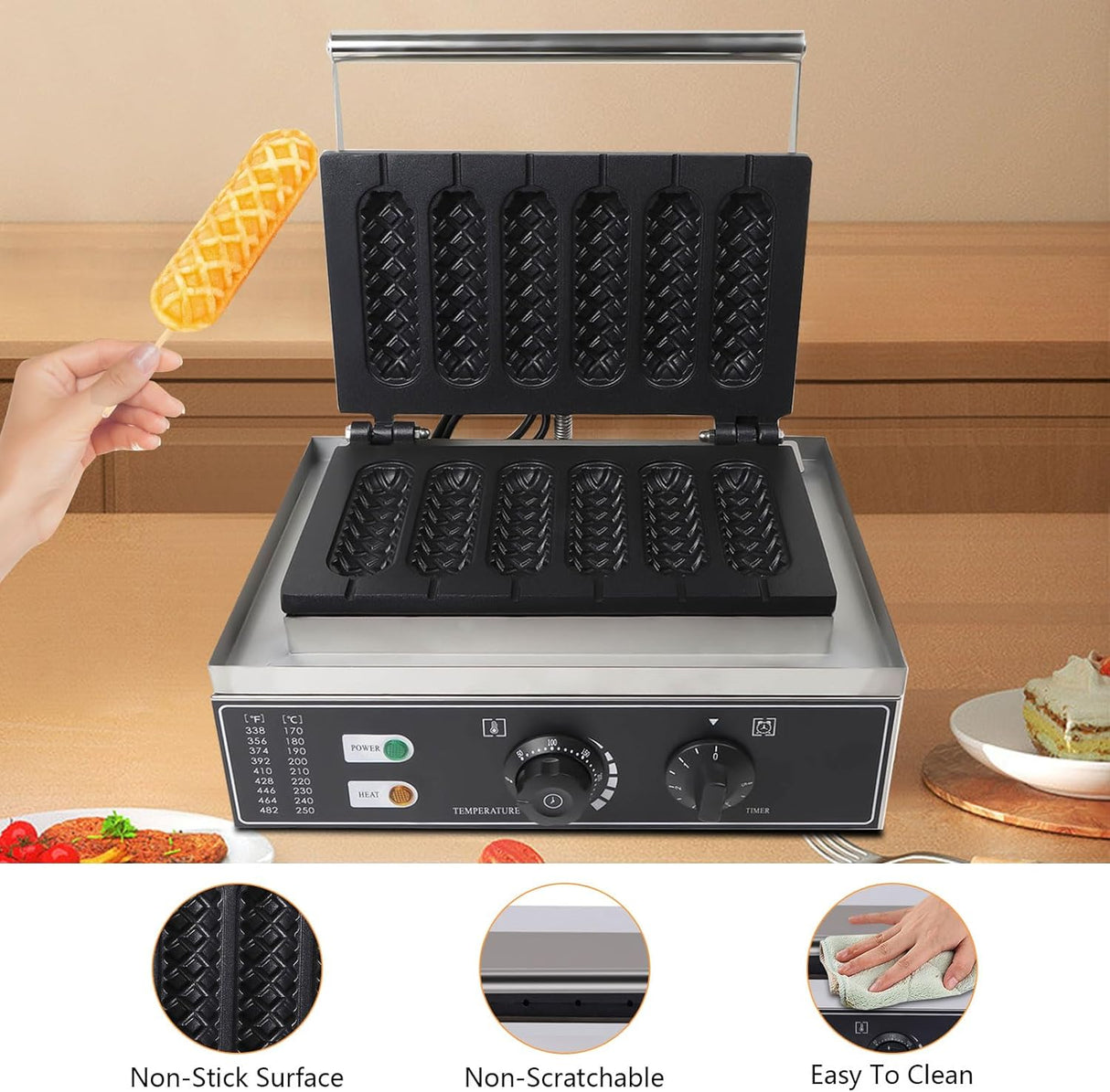 Máquina de Waffles 6 PCS, 1500W, Control Temp 50-300℃, 110V