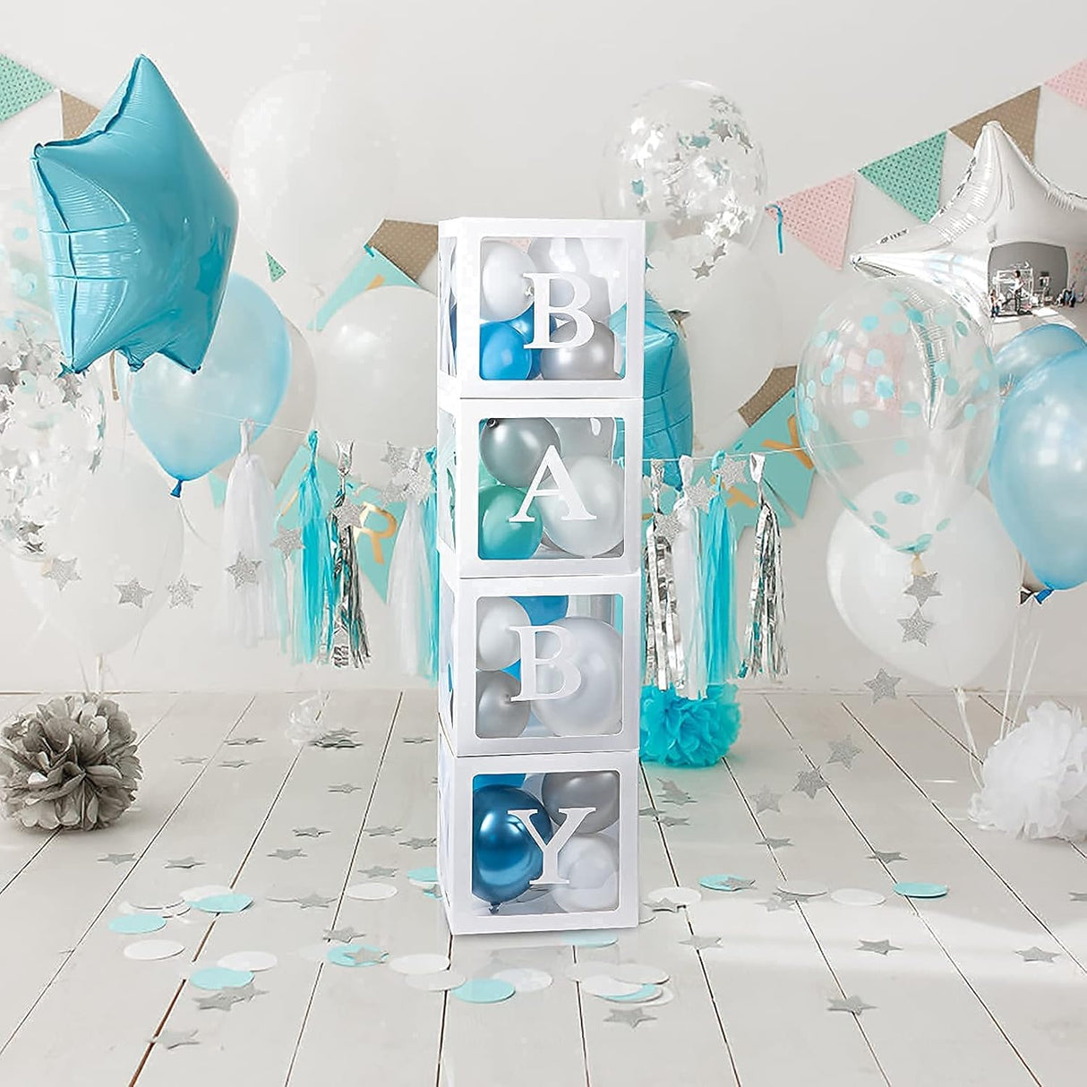Keencopper Cajas de bebé con 30 letras (BABY+A-Z) para baby shower, decoraciones de baby shower para niño, cajas transparentes para globos transparentes para fiesta de primer cumpleaños, despedida de soltera, revelación de género, reutilizables