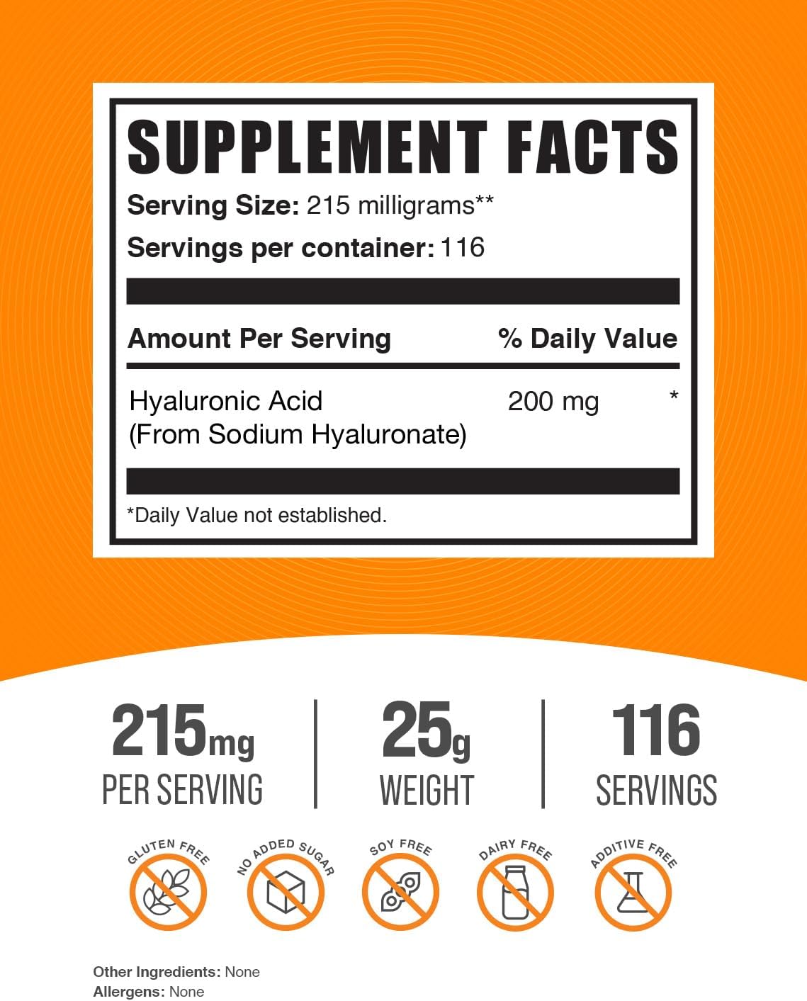 Pó de Ácido Hialurónico BulkSupplements, 215mg, 25g, Gluten Free
