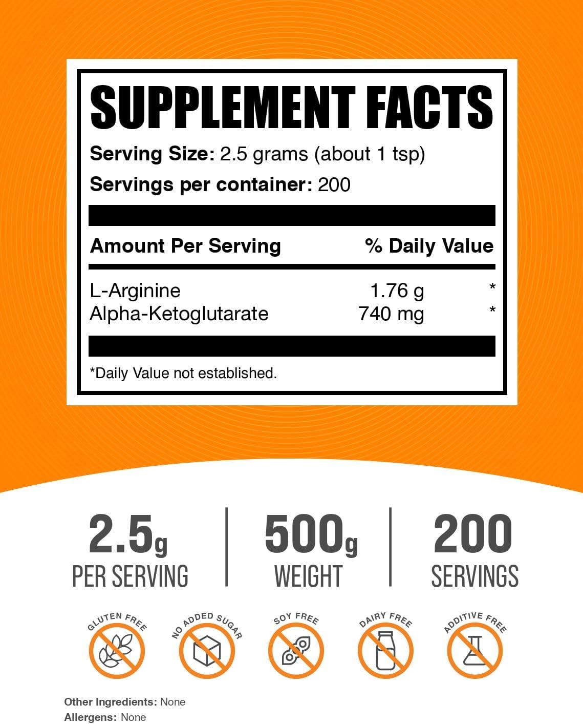 AAKG en polvo BulkSupplements, 2500mg, 500g, sin sabor