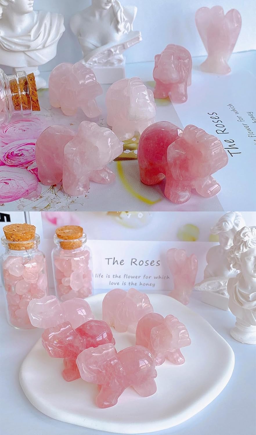 QINJIEJIE Decoración de elefante de cuarzo rosa, cristales