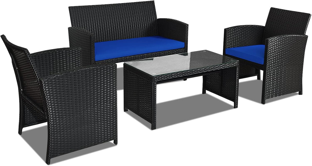 Goplus Juego de muebles de ratán para patio, 4 piezas, sofá y mesa de mimbre para exteriores con cojines suaves y mesa de centro de vidrio templado para balcón, jardín, patio trasero (azul)