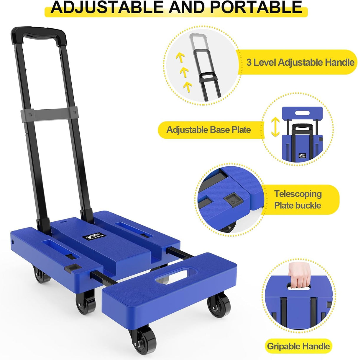 Carretilla Plegable SOLEJAZZ 500LB, 6 Ruedas, 2 Cuerdas