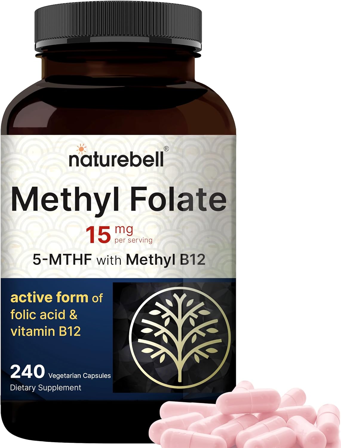 Suplemento NatureBell L Metilfolato 15 mg (5-MTHF) 180 cáp