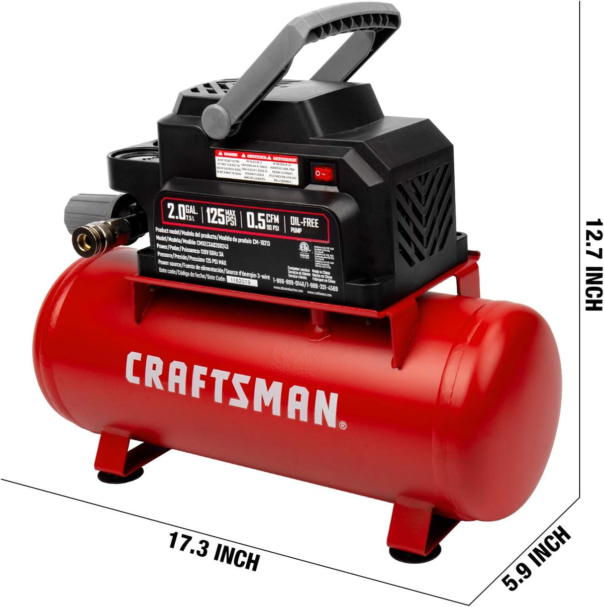 Compresor de Aire Portátil 2 Gal 1/3 HP Oil-Free Craftsman CMXECXA0200243