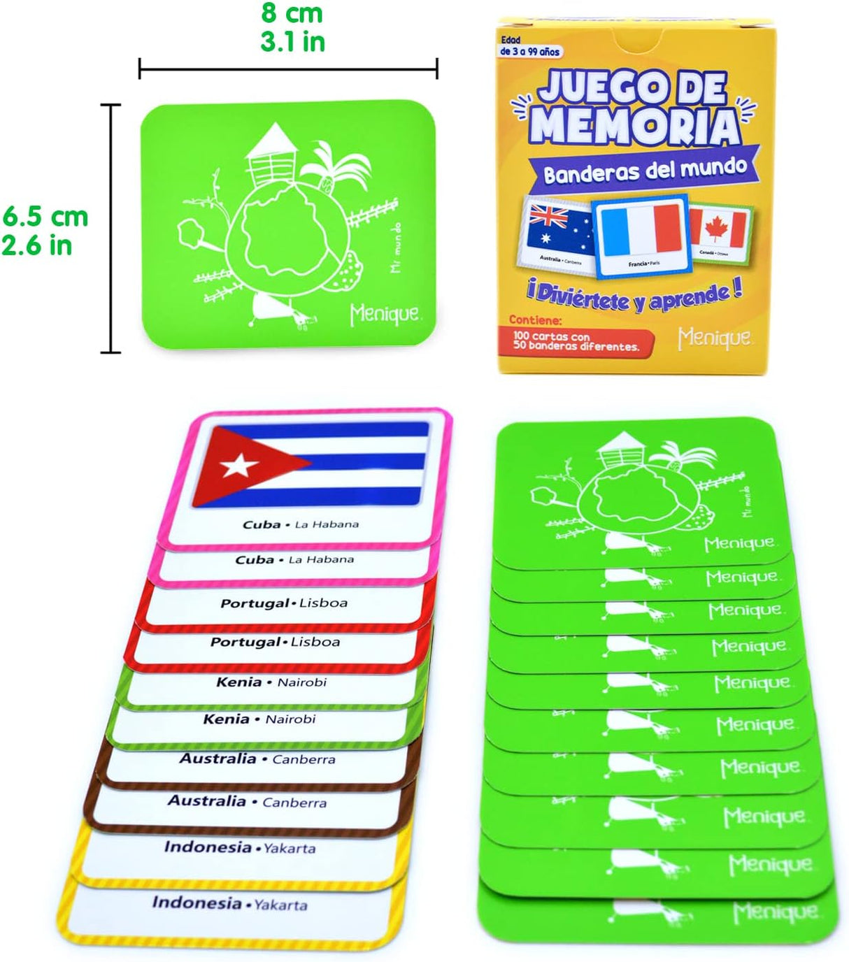 Juego de Memoria de Banderas Menique, 100 Fichas, 50 Pairs