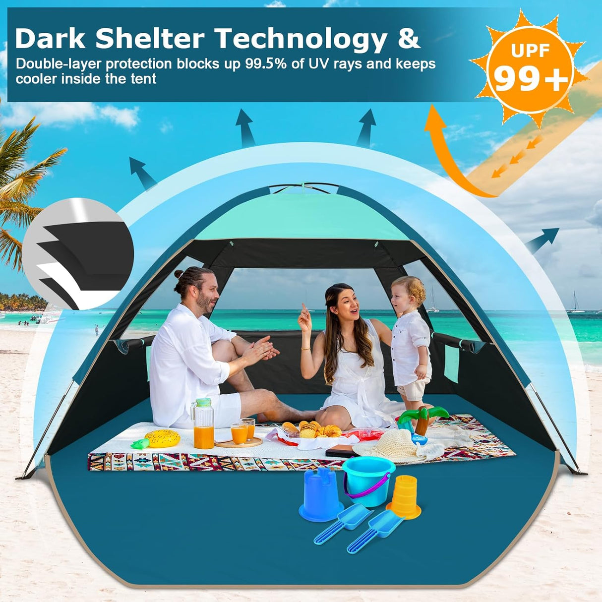 Tienda de playa con protección solar UPF 50+, fácil de usar