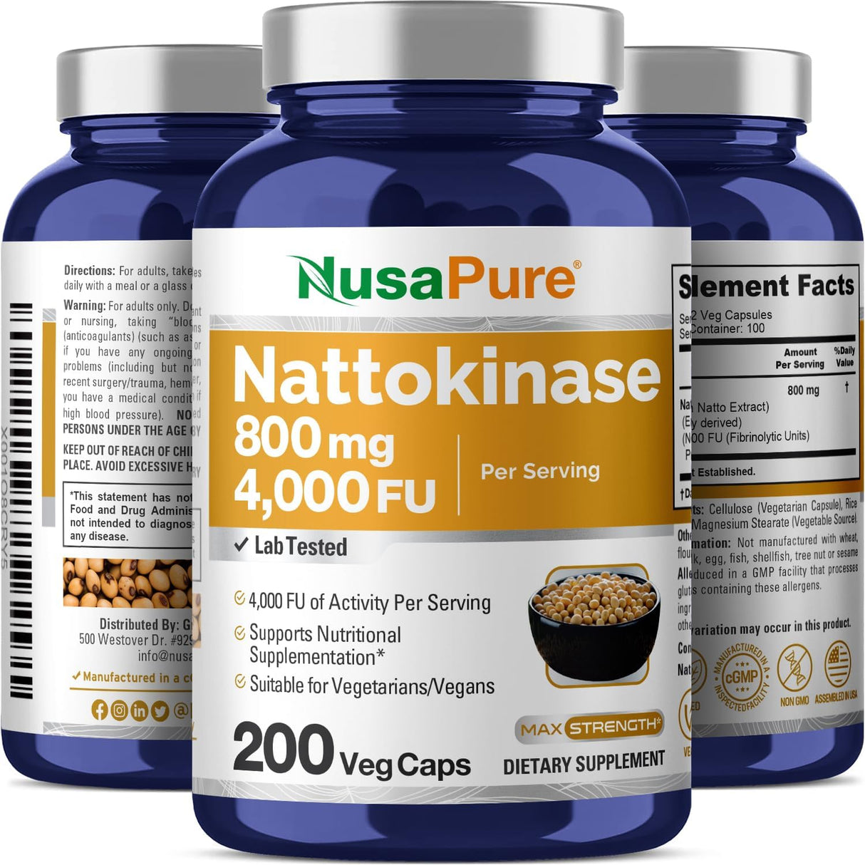 Nattokinase 4000 FU 800 mg, 200 cápsulas vegetales vegano sin OGM