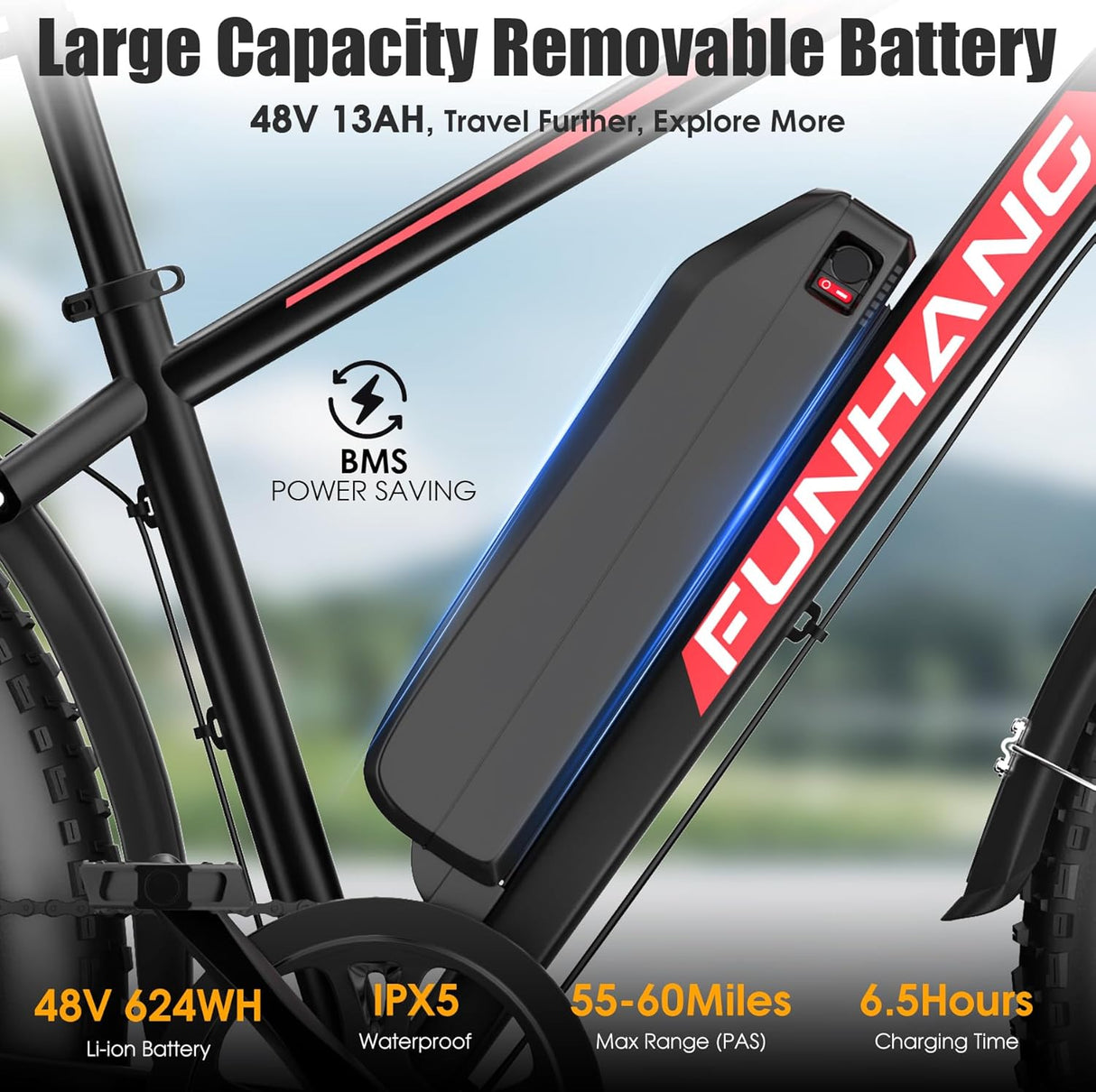 Bicicleta Eléctrica Peak 750W, 25MPH, 60M, 48V 13AH, 7 Velocidades