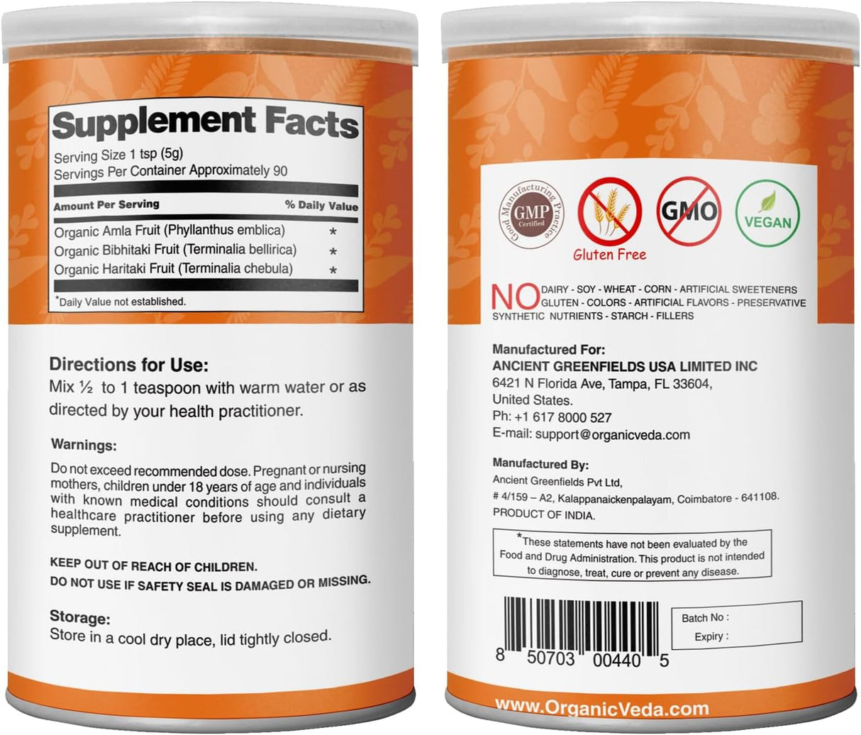 Suplemento Organic Veda Polvo de trifala puro 16 oz 454 gr