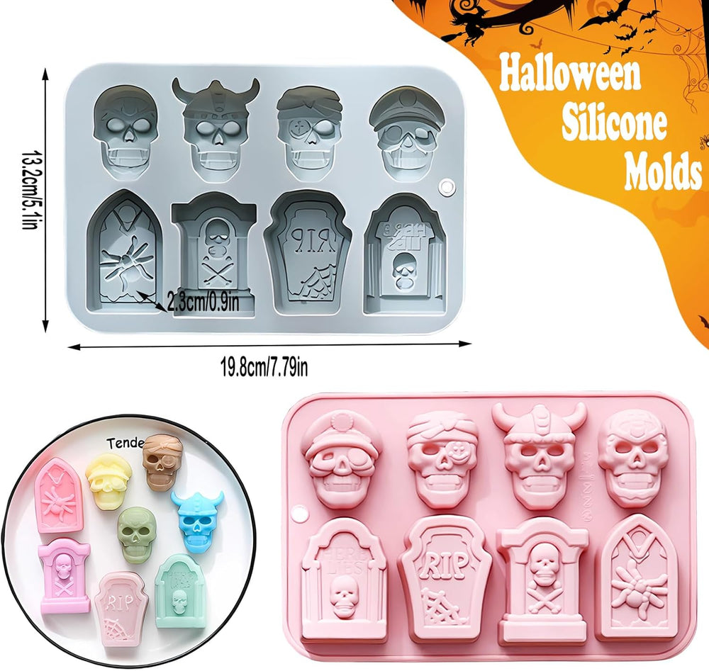 Moldes de Silicona Halloween Skull, 2PCS, 8 Cavidades, Food Grade