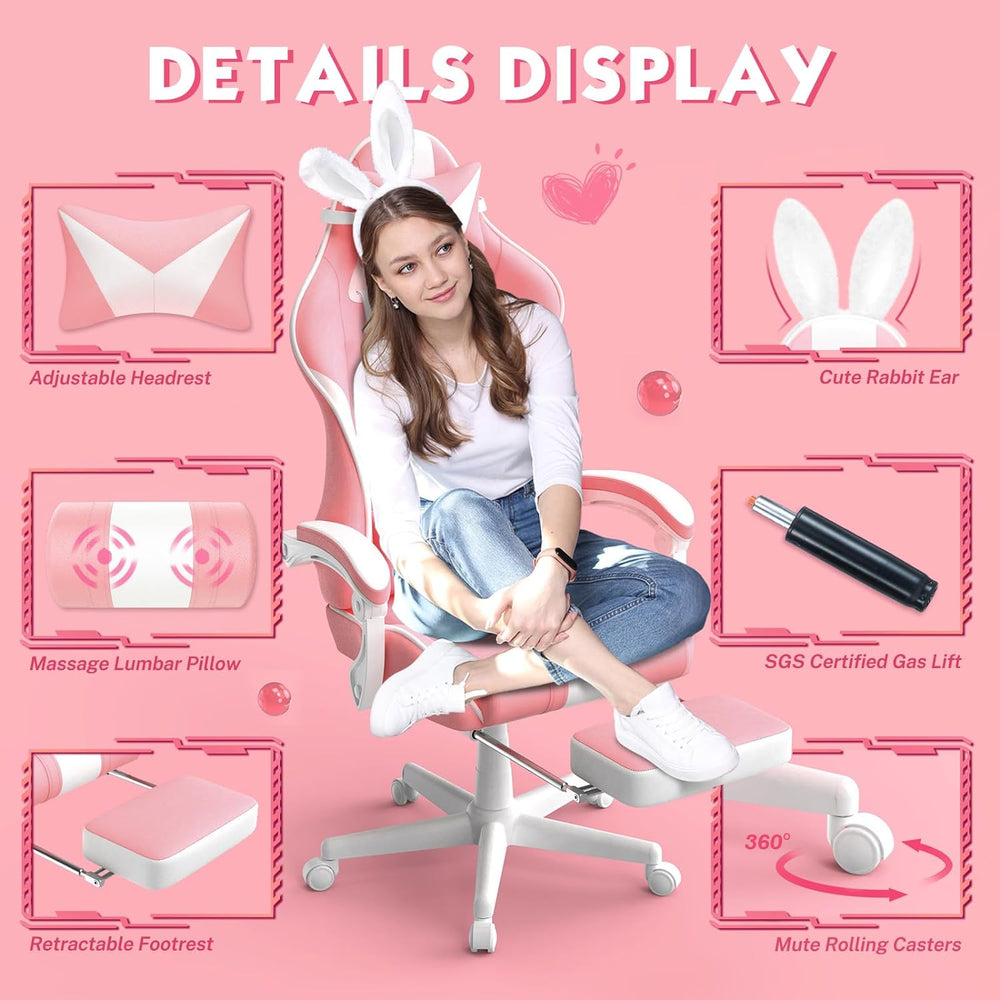 Silla Gamer Kawaii rosa con orejas de conejo Ferghana
