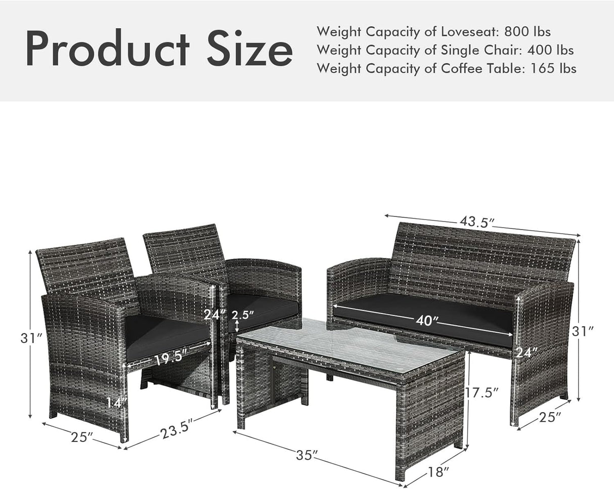 Goplus Juego de muebles de ratán de 4 piezas, sofá de conversación de mimbre para exteriores con cojines resistentes a la intemperie y mesa de vidrio templado para césped, patio, piscina, jardín (negro)