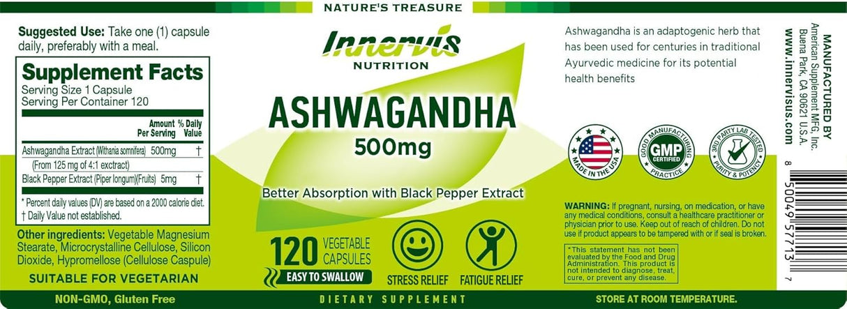 Ashwagandha 500mg - Cápsulas Veganas, Apoyo Estrés y Cerebro