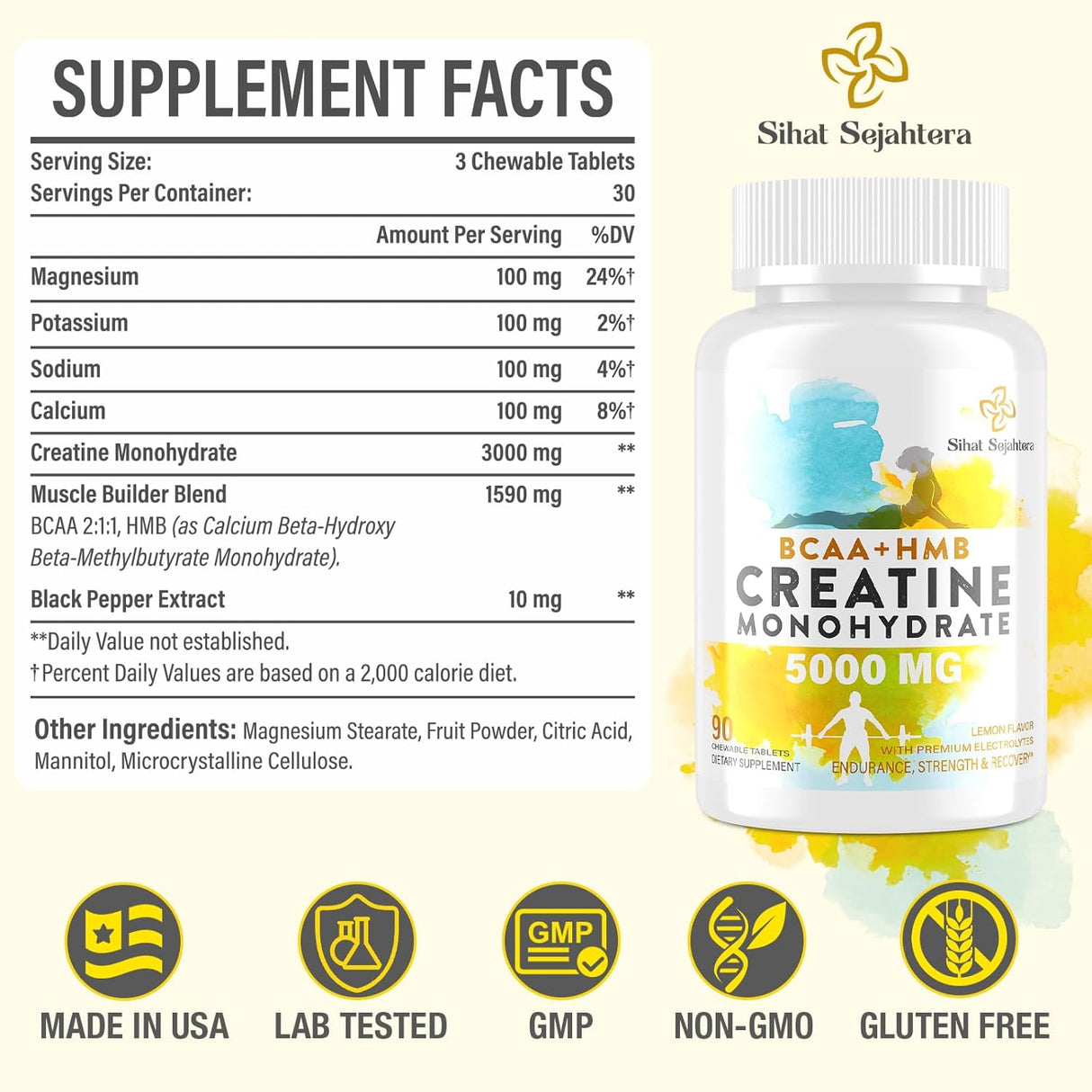 Creatina Monohidratada 8 en 1, Sin Azúcar, 90 Tabletas