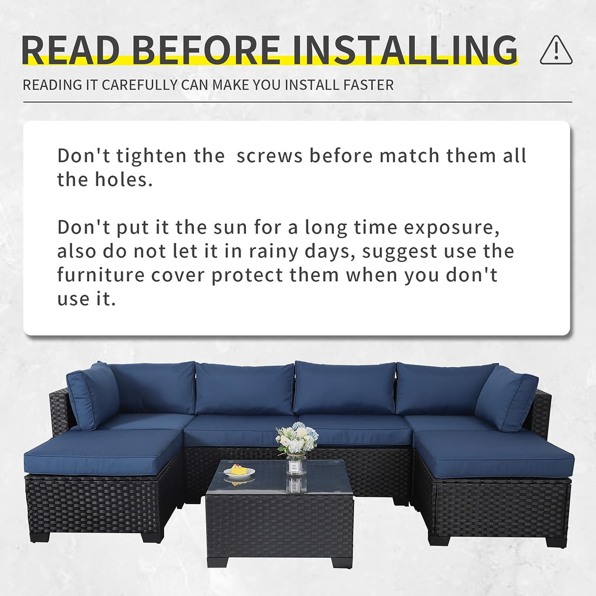 Lviden Juego de muebles de mimbre PE para exteriores, 7 piezas, juego de sofá de conversación seccional de ratán para patio, con cojines azul marino y mesa superior de vidrio