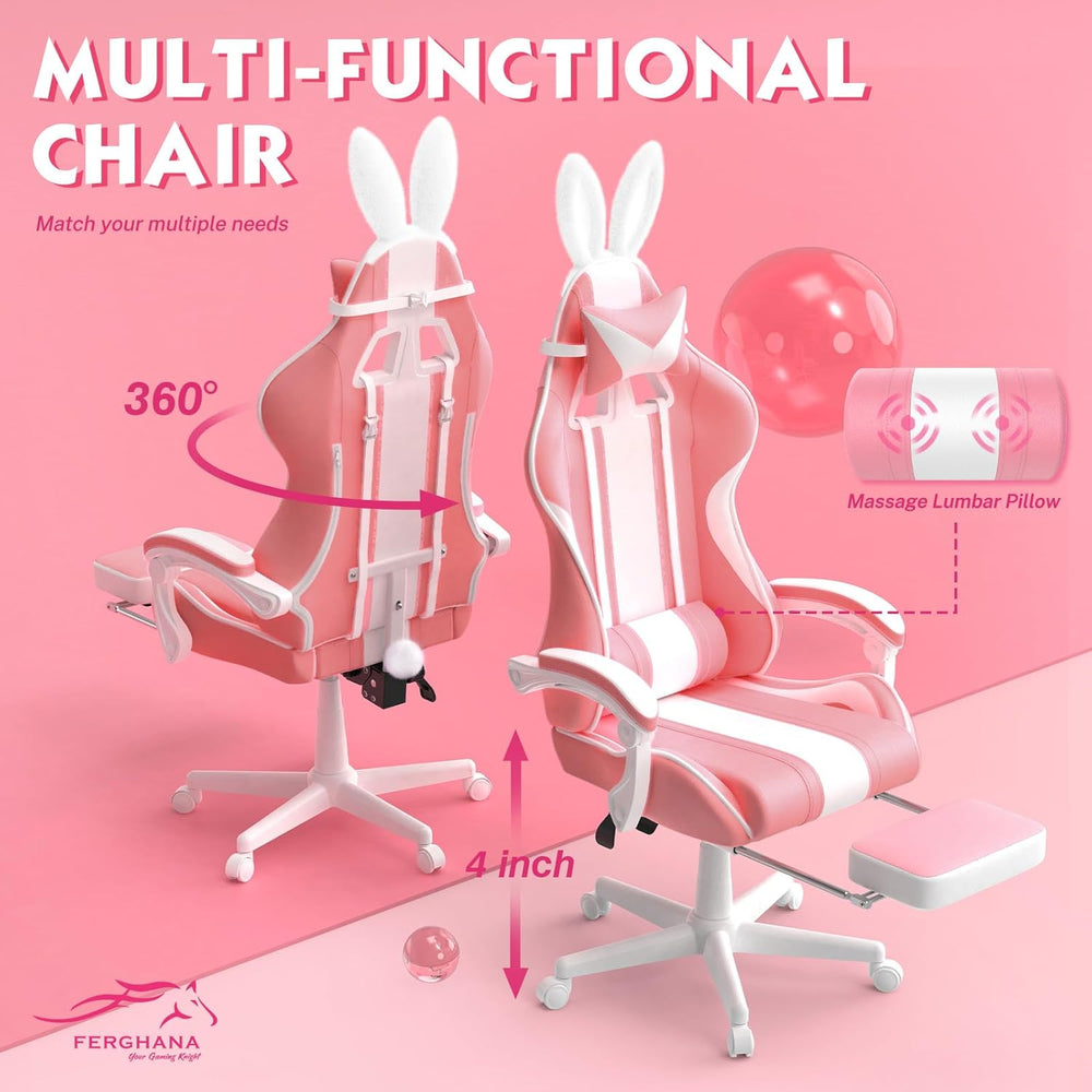 Silla Gamer Kawaii rosa con orejas de conejo Ferghana