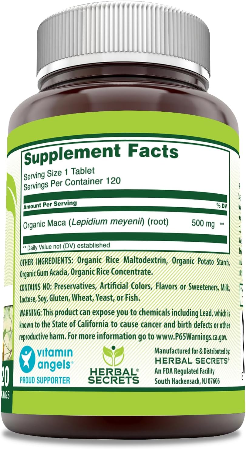 Suplemento de Maca Herbal Secrets 500 mg, 120 tabletas, sin gluten