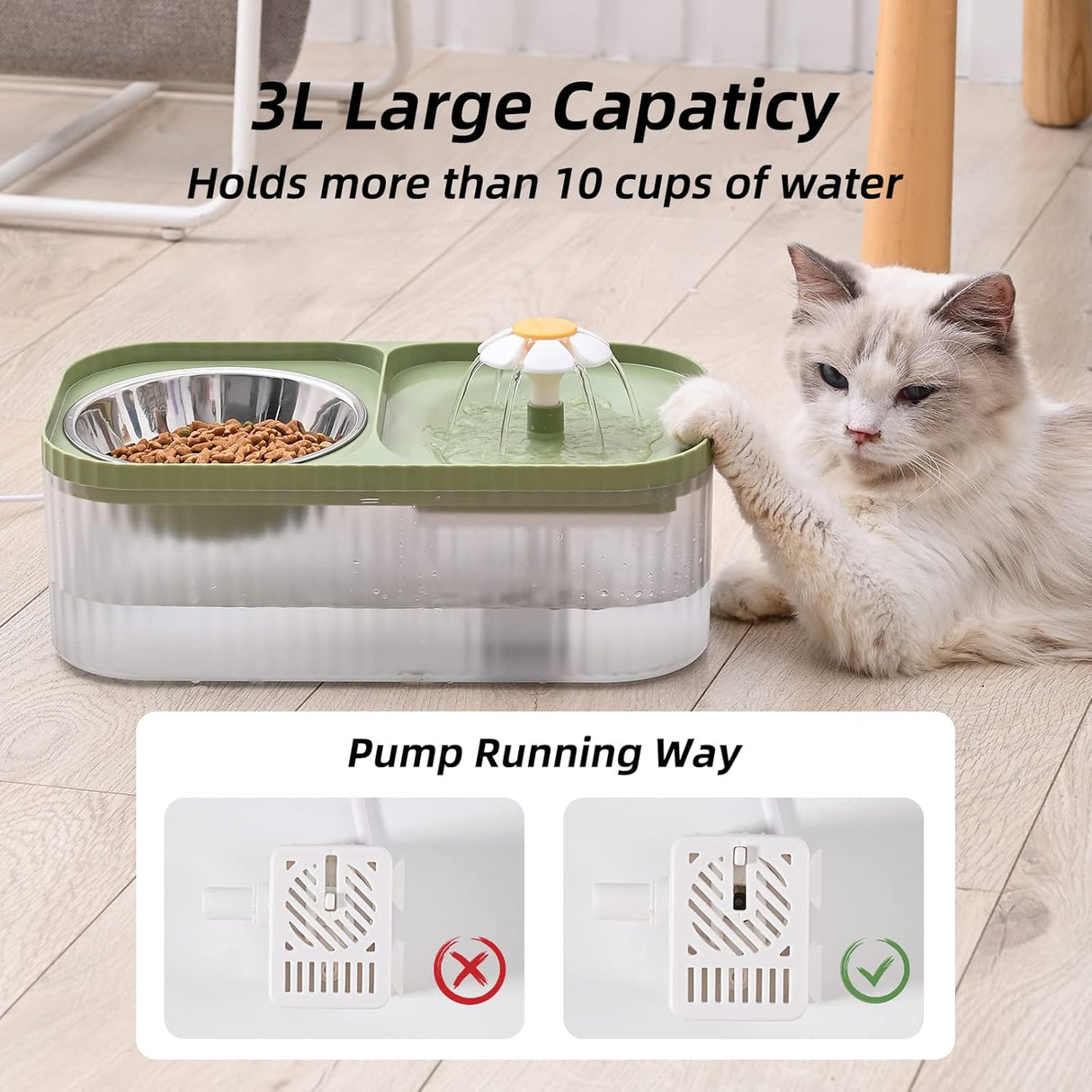 Fuente de agua para gatos y cuenco de alimentos verde