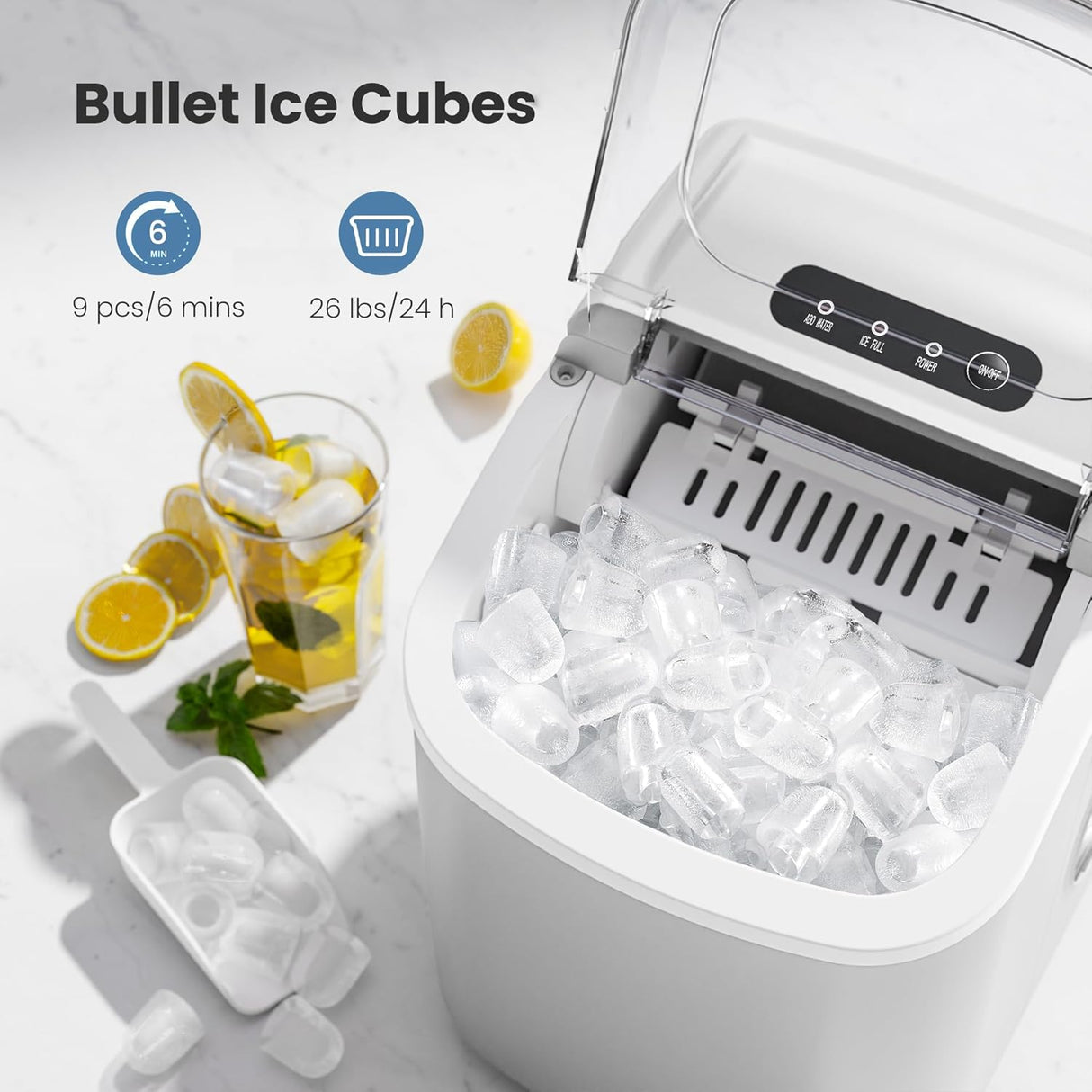Máquina de Hielo Portátil, 9 Cubos en 6 Min, Auto-Limpieza
