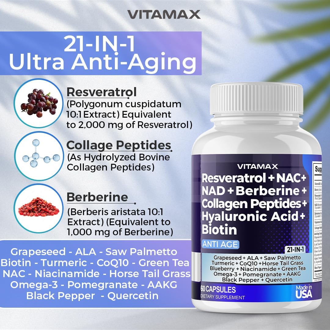 Suplemento Resveratrol NAD+ Berberina ácido hialurónico