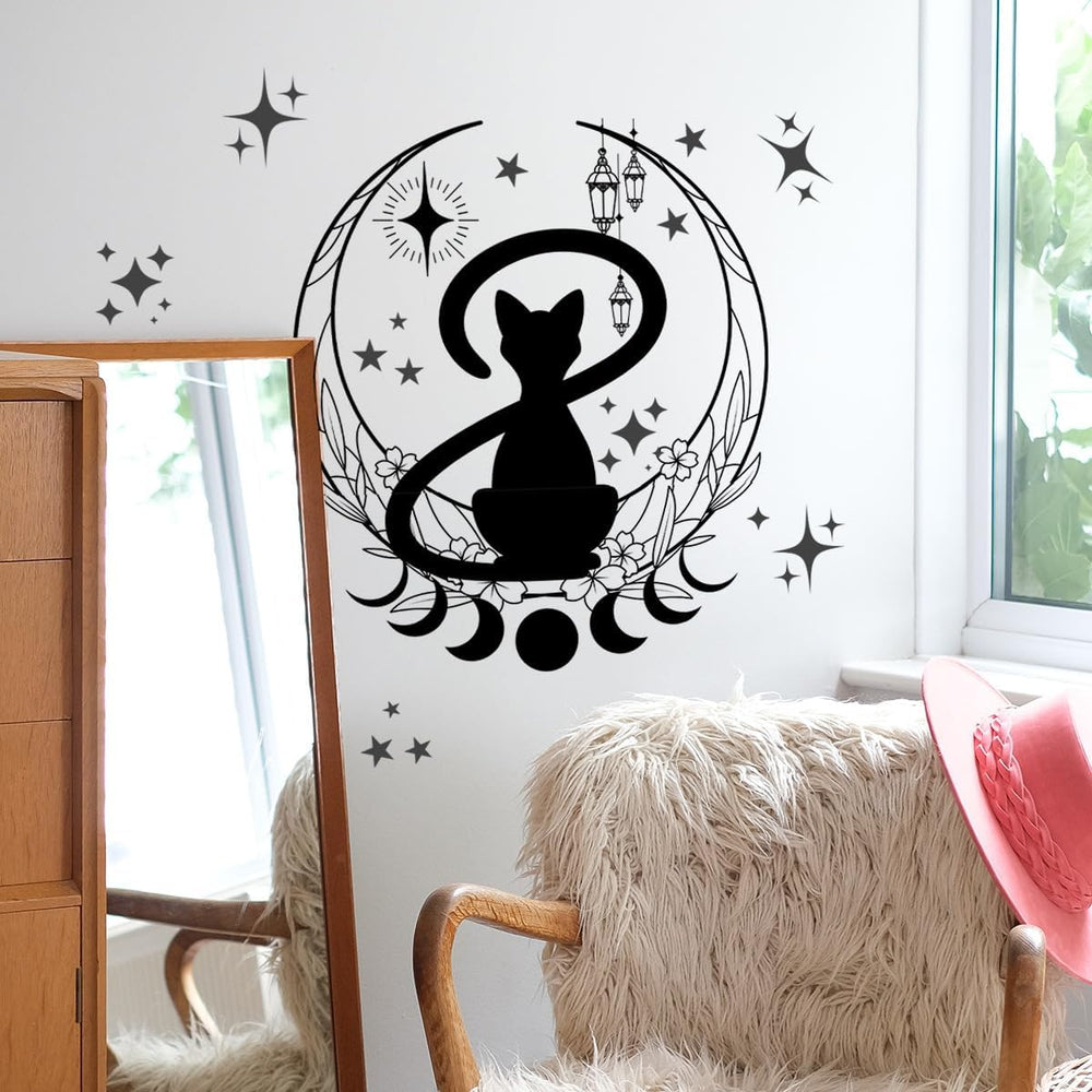 Simple Gato Negro Fase Lunar Flor Pegatinas de Pared Fondo