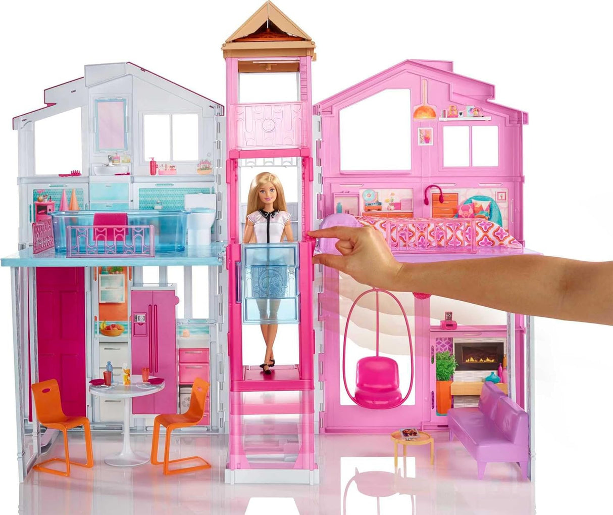 Casa de muñecas Barbie 3 pisos con elevador, accesorios y portátil