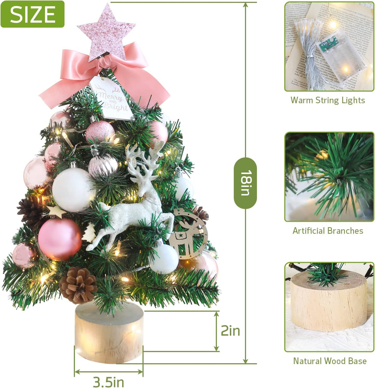 Árbol de Navidad Mini 18 ANMINY con Luces LED y Adornos