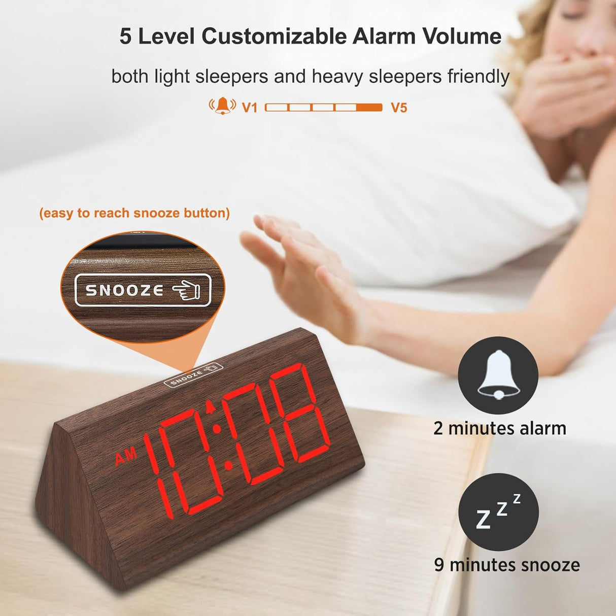 Reloj Despertador Digital de Madera, DreamSky con USB Snooze