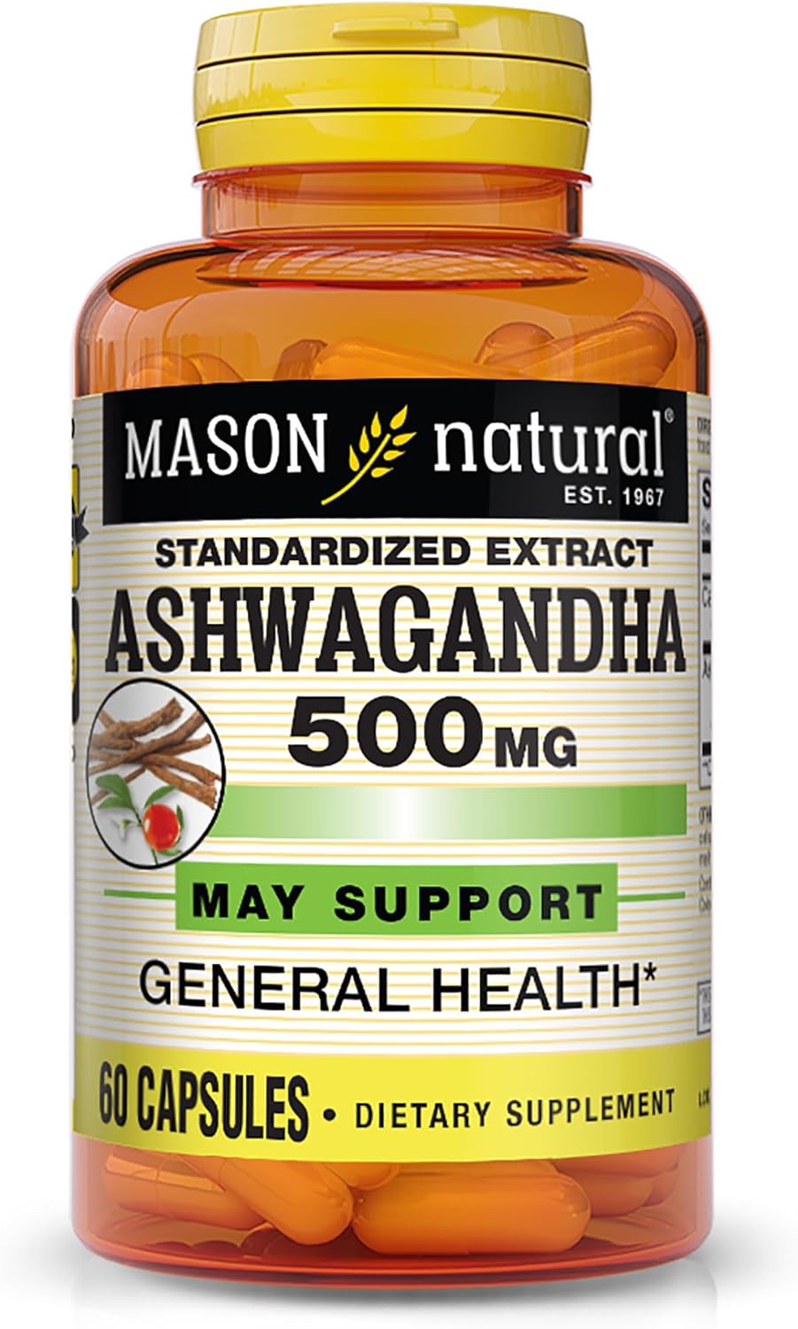 Suplemento Herbal MASON NATURAL, Ashwagandha 500 mg, 60 cápsulas