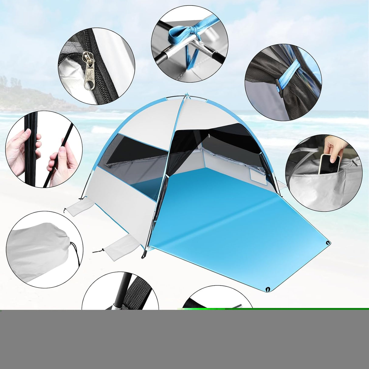 Tienda de playa fácil de montar, anti-UV, con ventanas de malla
