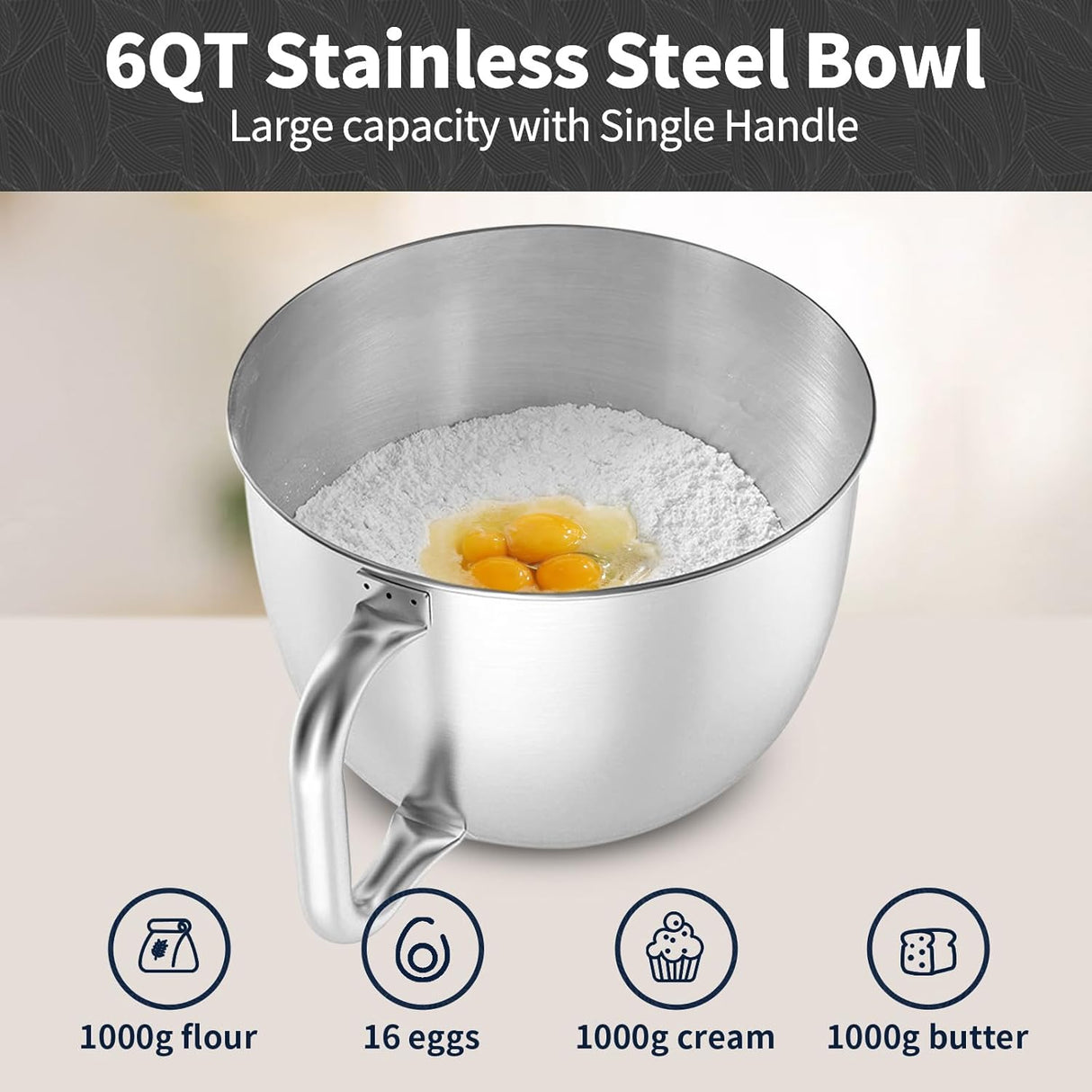 Batidora de Pie 6 QT 600W, Mezcladora 6+P, Acero Inoxidable