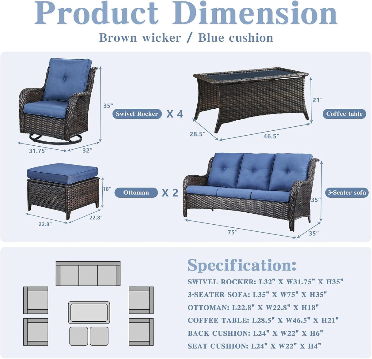 Belord Juegos de muebles de mimbre para patio, 8 piezas de muebles de ratán para exteriores con 4 sillas mecedoras giratorias, sofá de ratán, otomanas de mimbre y mesa auxiliar, marrón/azul