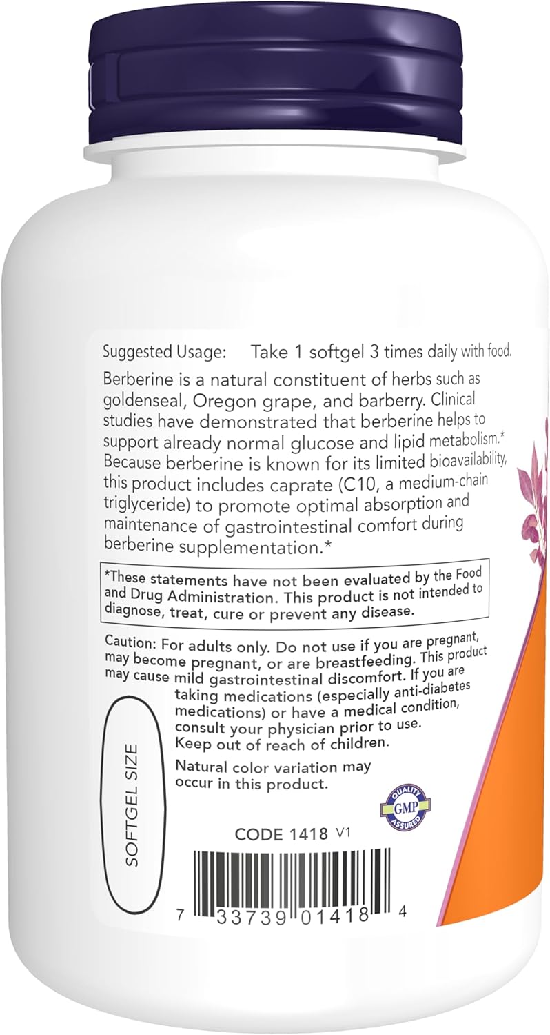 Suplemento de Berberina, NOW, Soporte Glucosa, 90 Softgels